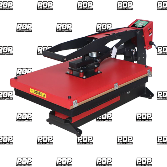 Red heat press closed, 40 x 60cm for DTF printing.
