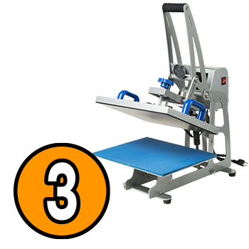 Heat Press for DTF ( Direct-To-Film ) Printing, Blue Mat. the number 3 represent the Third step in the order process with Perth DTF Printing.