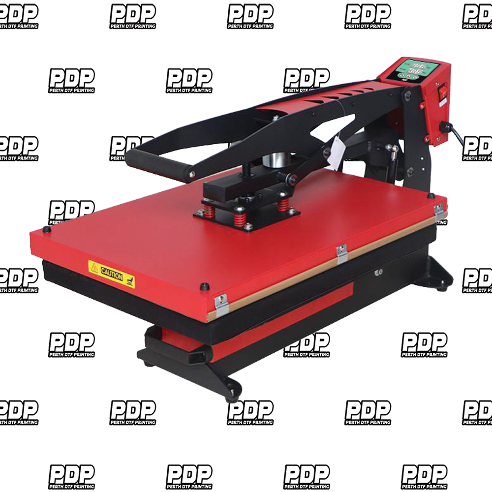 Red heat press closed, 40 x 60cm for DTF printing.